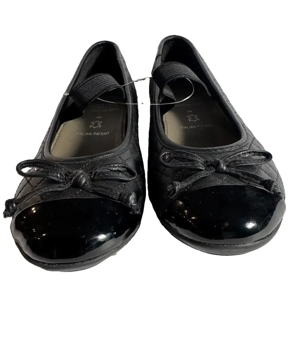 Geox Respira Girls Black Leather Ballet Flats Bow Patent Cap Toe EU 30